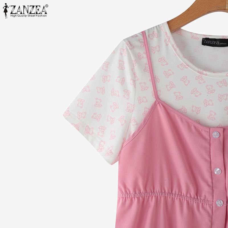 ZANZEA Women Summer Casual Fake Two Piece Patchwork Short Sleeve T-Shirts