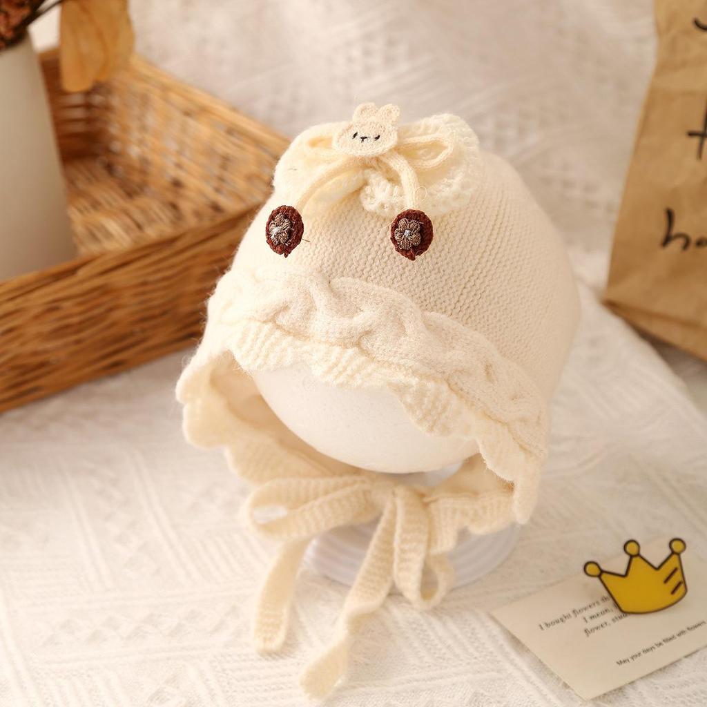 Jesienno-zimowa urocza dziergana wełniana czapka dla małych dziewczynek z ochroną uszu