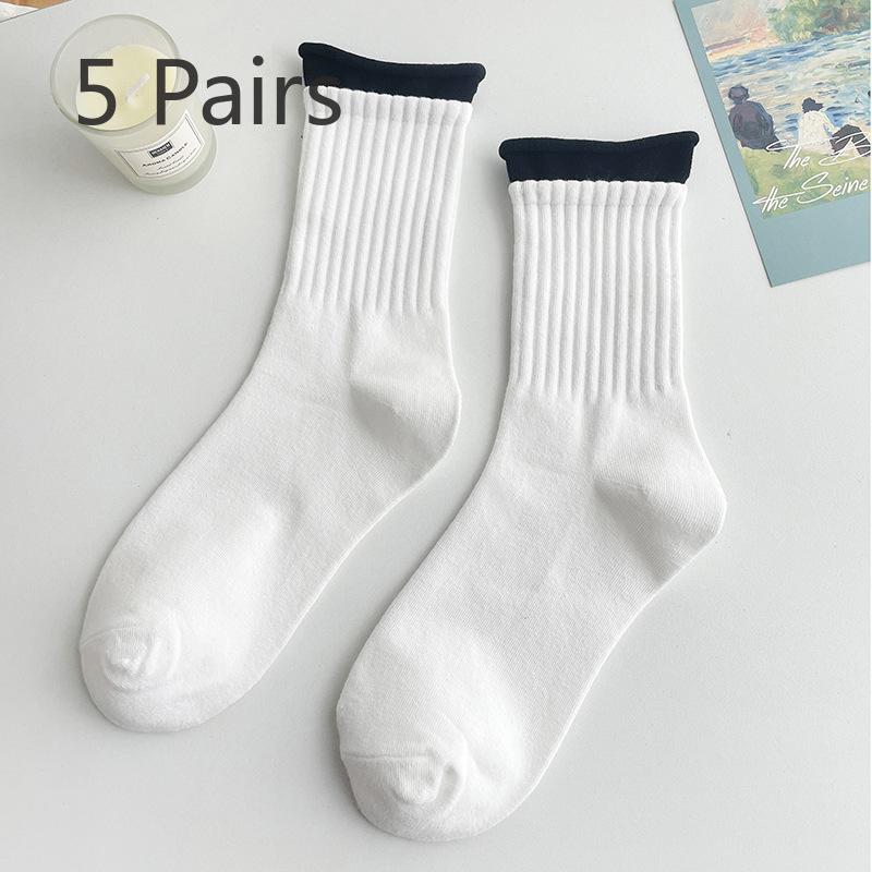 5 Pairs of Female Autumn Patchwork Double Candy Color Mid Tube Socks