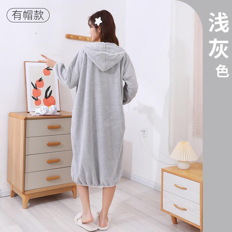 Women's Long Bathrobe Absorbent Bath Towel Coral Fleece Thickened Home Hooded Long Sleeved Bath Skirt