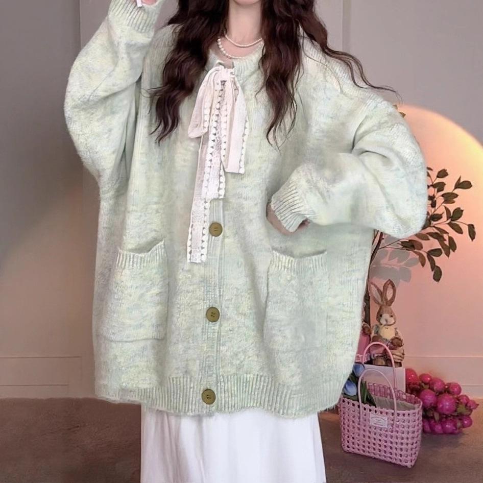Nadměrný sladký francouzský pletený kardigan - Podzim/Zima 2025 Svetr s mašlí