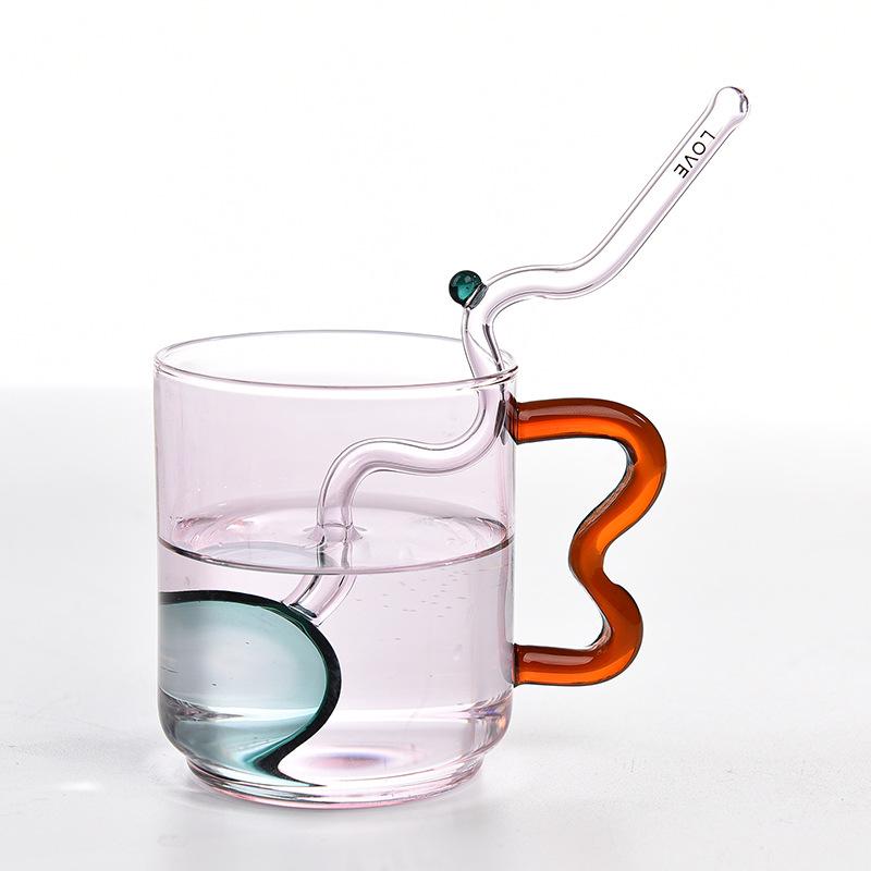 Creative Color Glass Water Cup with Handle Breakfast Milk Cup Heat Resistant High Borosilicate Cup Drinking Glasses Spoon Cups