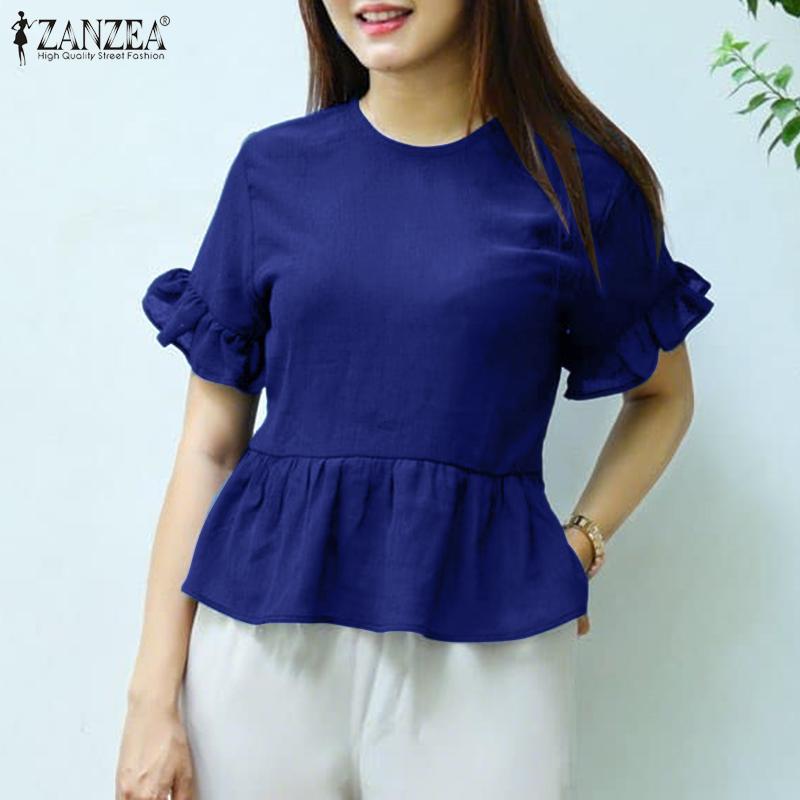 

ZANZEA Женская повседневная блузка с круглым вырезом, однотонная, летняя, с коротким рукавом S темно-синий