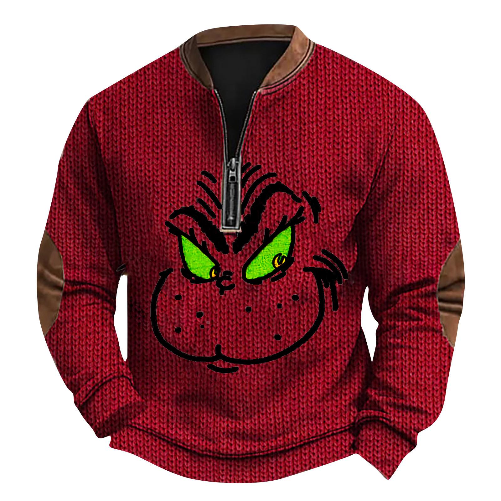 

Мужской рождественский свитер на молнии, винтажный вязаный графический свитшот, рождественский пуловер со стойкой XXL винный