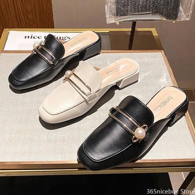 2024 Shoes for Women Summer Leather Slipper Girl Japan Style Pearl Slides Pumps Outdoor Casual Leather Sandals 33-43