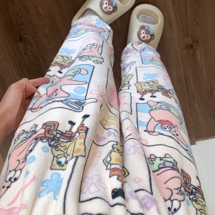 Cute Hello Kitty Women's Coral Fleece Pajama Pants Cartoon Kitty Sleepwear Loungewear