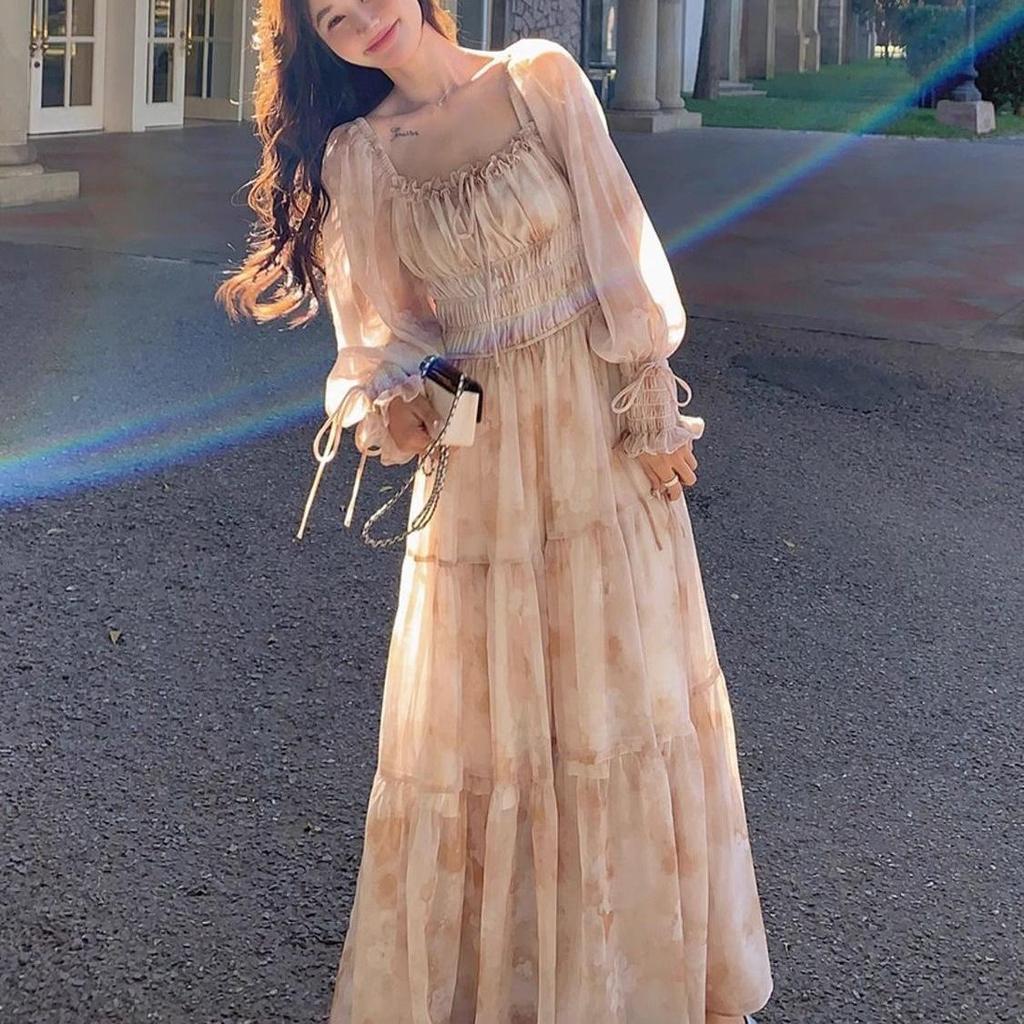 Gentle Fairy Chic Floral Midi Dress for Women - Square Neck, Youthful Mori Style, Vacation Ready.