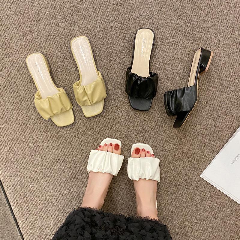 2025 spring and summer new high-heeled one-word slippers women's head lazy half-support fashion folds outer sandals children