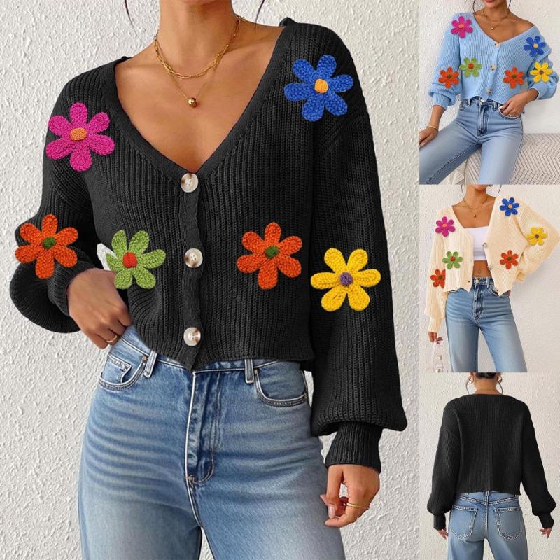 Women's Autumn and Winter New Three-dimensional Embroidery Colorful Flower Splicing Button Cardigan Sweater Short Coat for Women