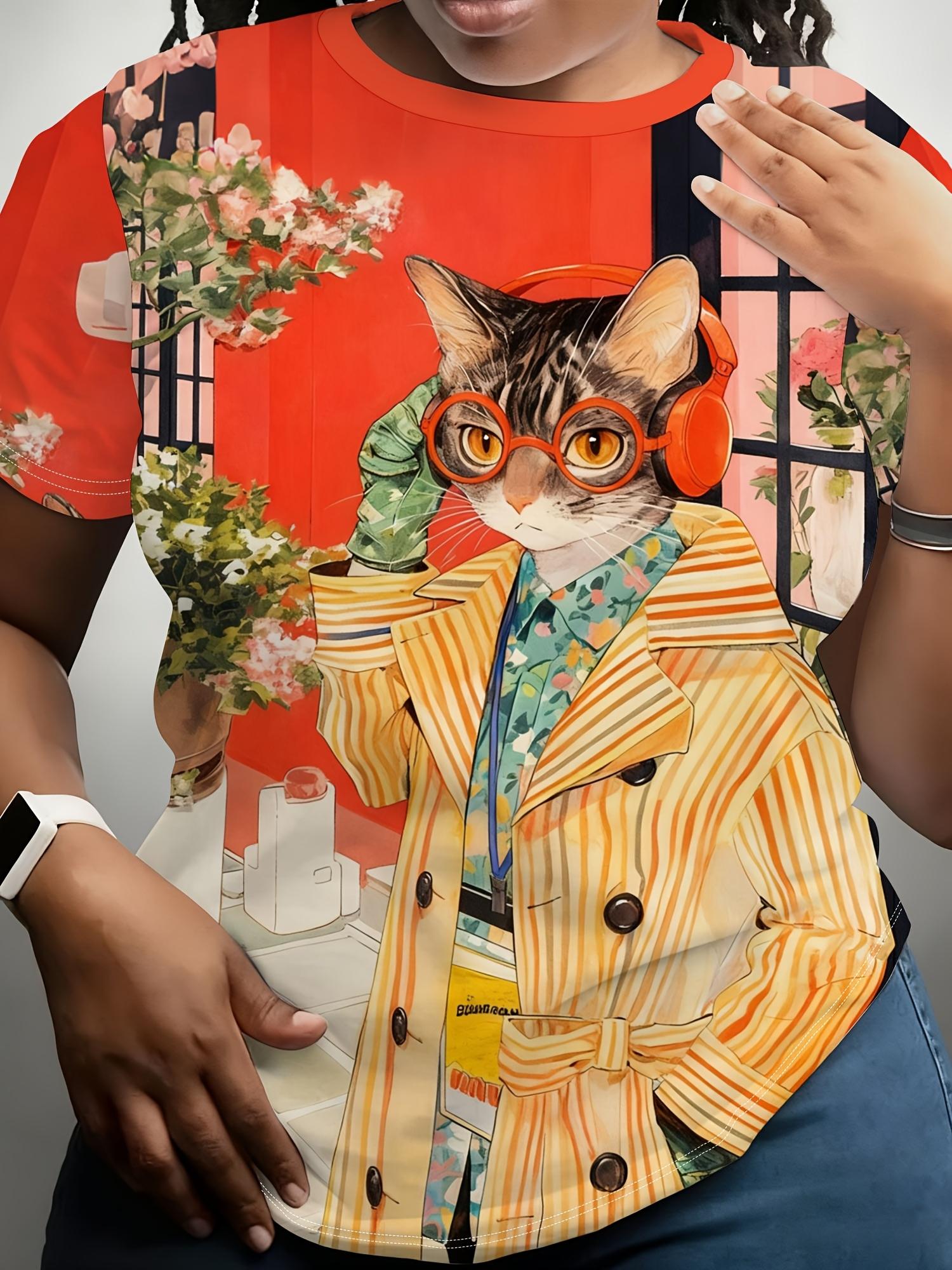 

Women s Round-neck Urban Fashion Cat Print T-shirt. Made of Soft and Comfortable Fabric. Machine Washable. Suitable for Daily Wear. Featuring a Unique S дубильная кора