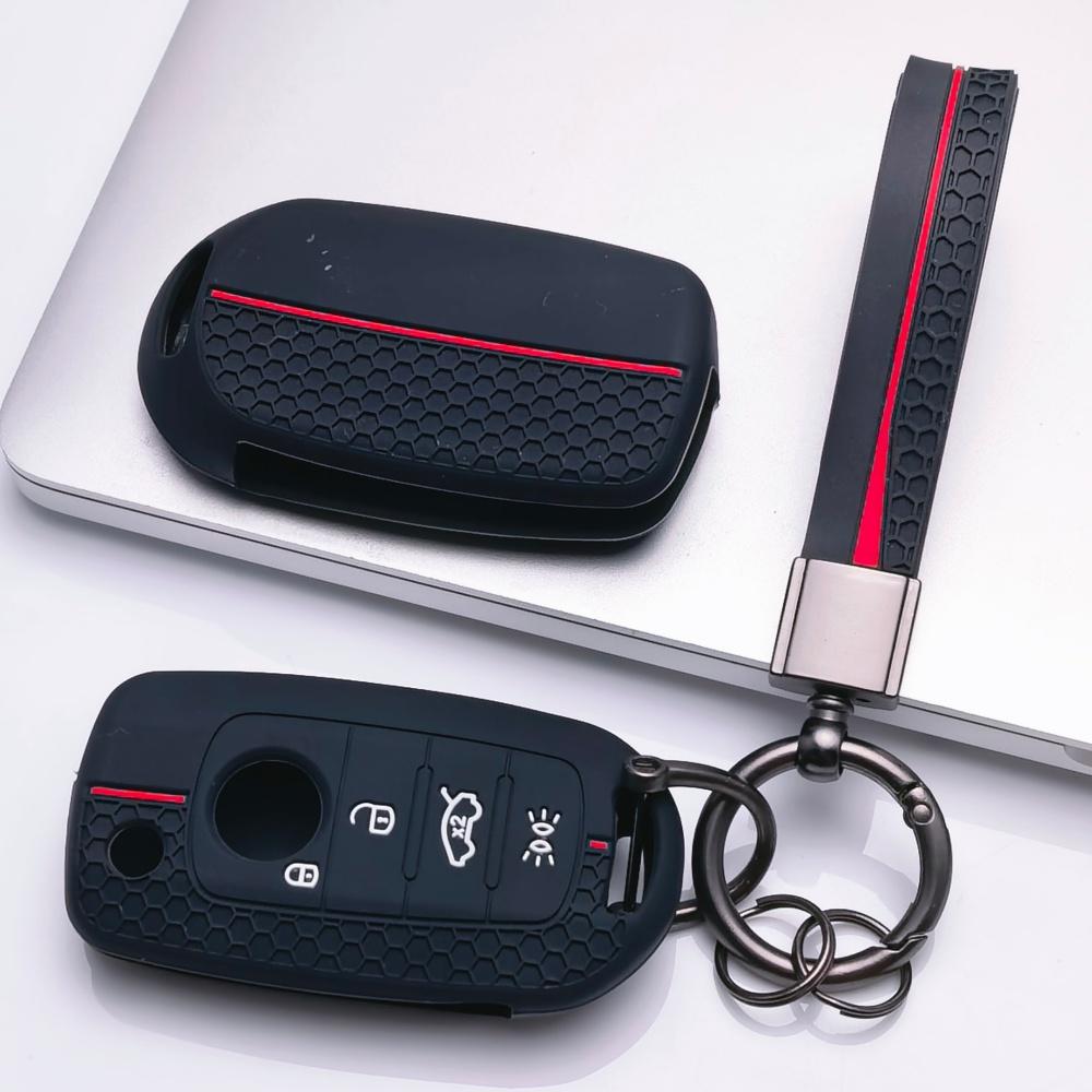 Silicone Key Fob Cover with Keychain for 4-button Flip Remote, Anti-Scratch & Anti-Drop Protective Case for Jeep Renegade Compass for Fiat 500X Toro