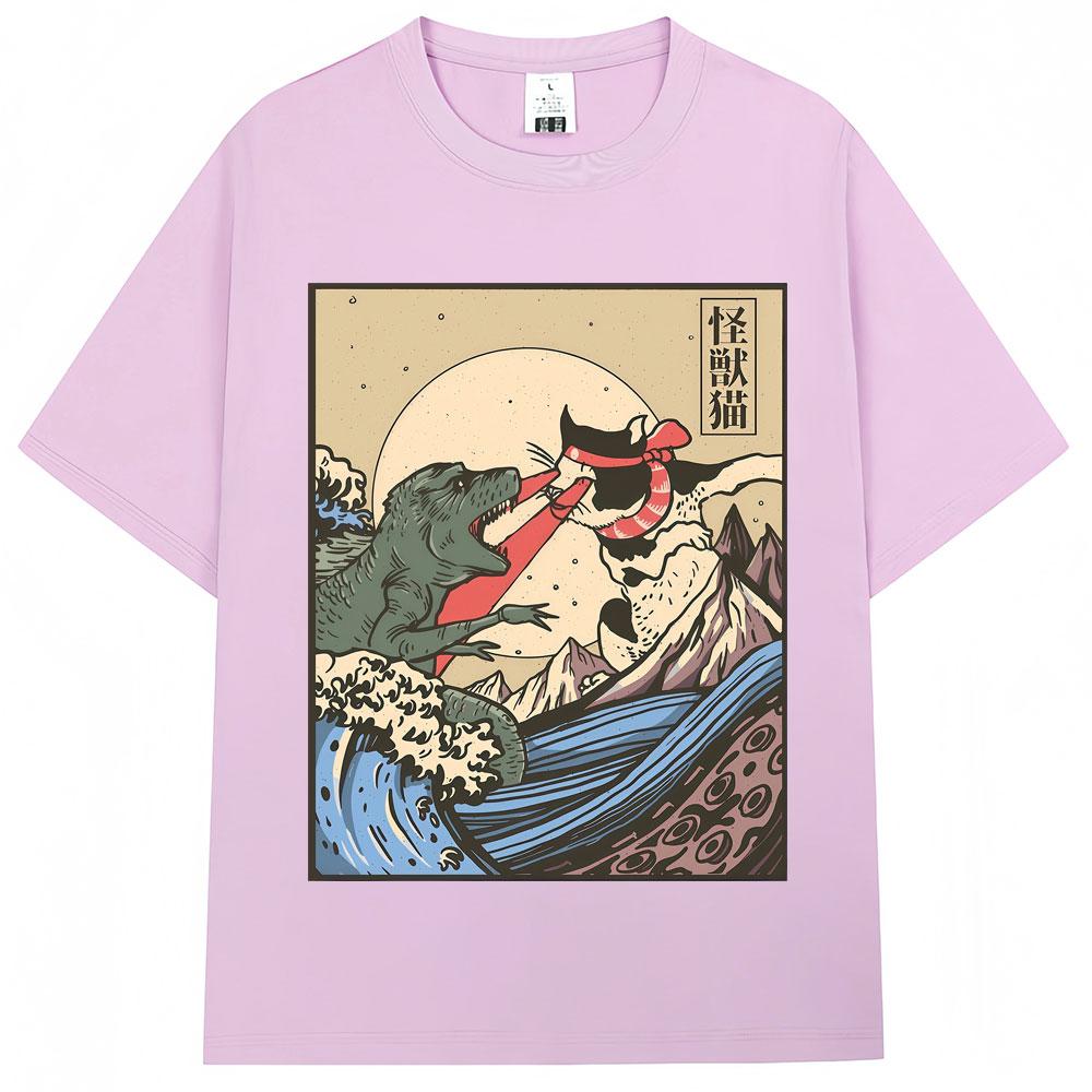 Japanese Style Kaiju Vs Cat Funny Meme Graphic Tshirts Men Women Fashion Vintage Manga T Shirts Oversized Cozy Cotton T Shirt