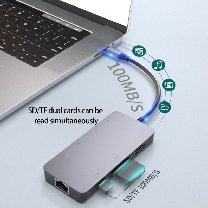 Fast Speed USB C Docking Station with HDTV 8K Support USB3.0 Port Gigabit Ethernet PD100W Fast Charging Card Reader