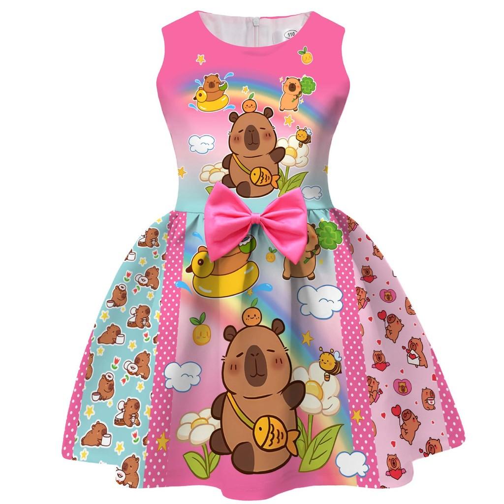 

Pattern Capybara Bow Girl Dress With Sleeveless For Kids Clothing Fashion Gift 140cm