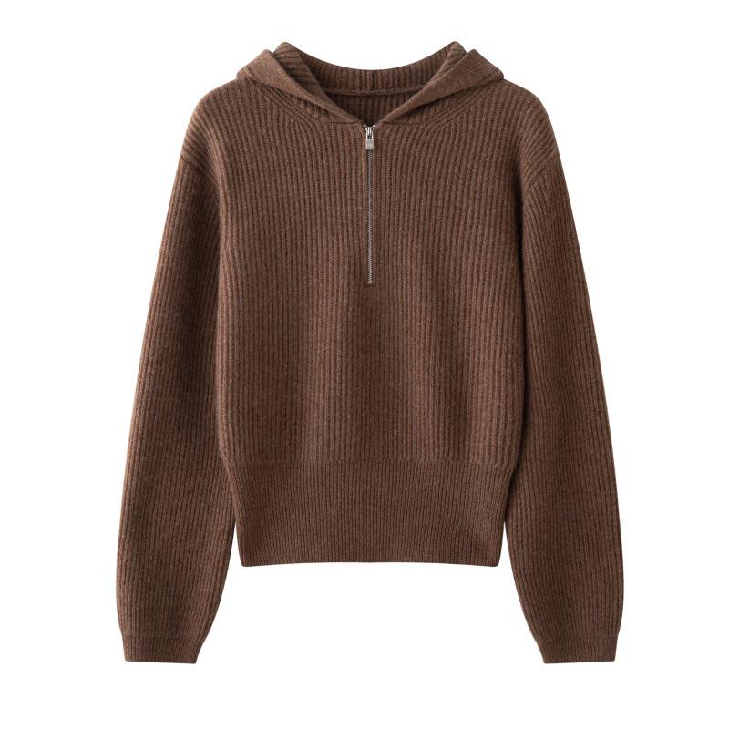 Damen Pullover mit halbem Reißverschluss aus geripptem Kaschmir - Herbst/Winter Lockere Passform mit lässigem Revers