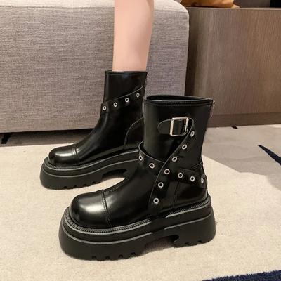 Mode Retro Plateau Leder Metallverziert Damen Motorradstiefel Designer Weichsohlige Damen Schuhe Mode Stiefeletten Damen