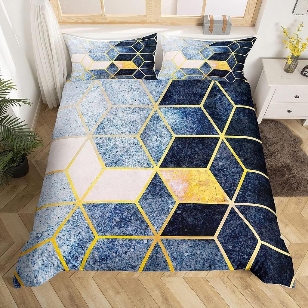 Marble Duvet Cover Queen Full for Kids Boys Girls Modern Luxury Marble Print Comforter Cover Geometric Cube Bedding Set 2/3Pcs