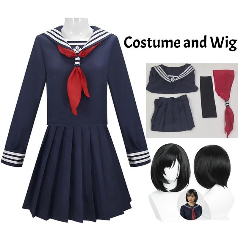 Hinako Shimizu Cosplay Costume Wig Mask Blood Red Navy Blue Silent School Uniform Game Roleplay Halloween Outfits Party JK Dress
