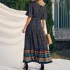 Summer Vacation Bohemian Dress Ethnic Style Patchwork A Line Maxi Dress Elastic Waist V Neck Short Sleeves Women Beach Dress Printing