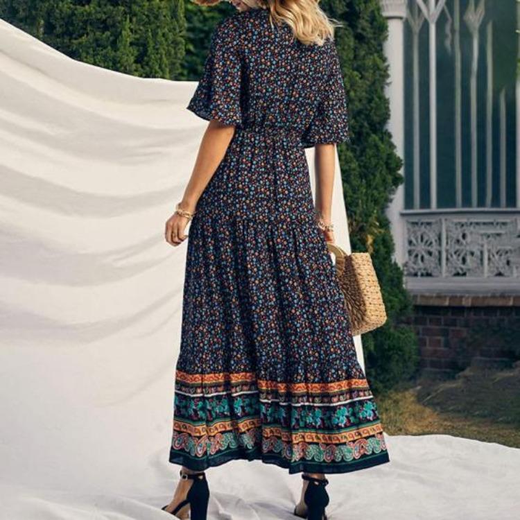 Summer Vacation Bohemian Dress Ethnic Style Patchwork A Line Maxi Dress Elastic Waist V Neck Short Sleeves Women Beach Dress Printing