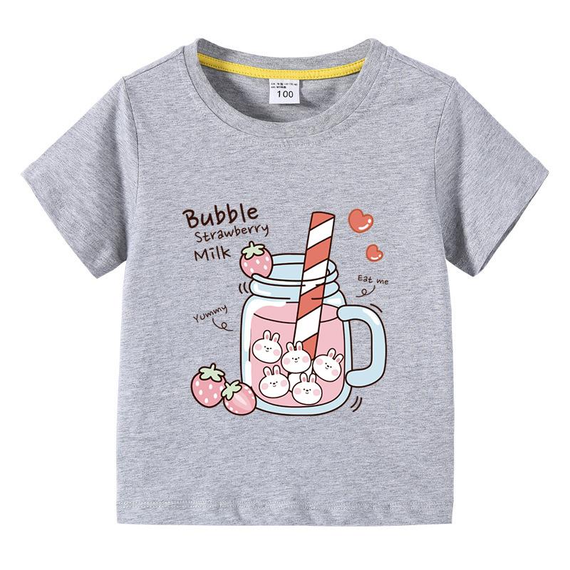 Girls TShirt Bubble Strawberry Milk Print Short Sleeve Tee Cute Cartoon Summer Casual Tops for Kids Children