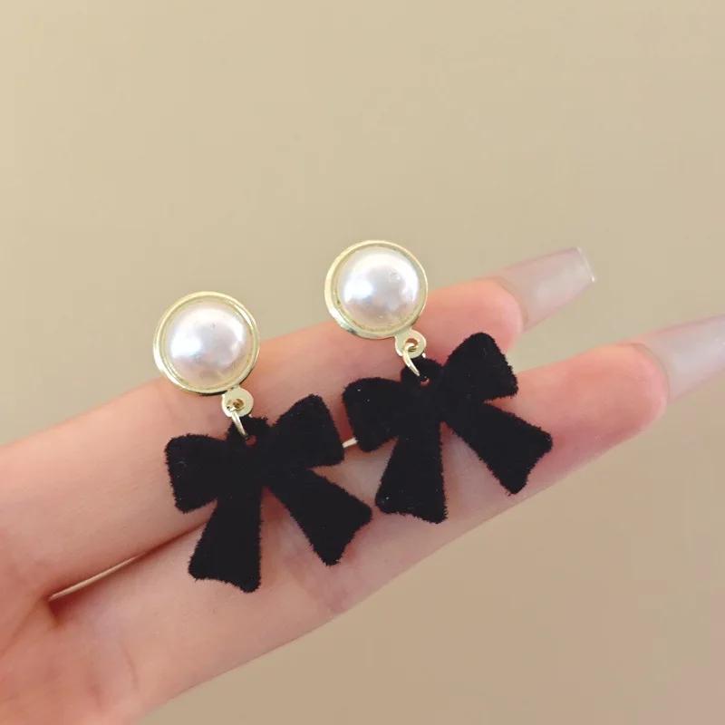 LATS Red Black Bowtie Earrings for Women Girls Simulated Pearl Cloth Bow Tie Earrings Jewelry Ear Accessories Beautiful Gifts