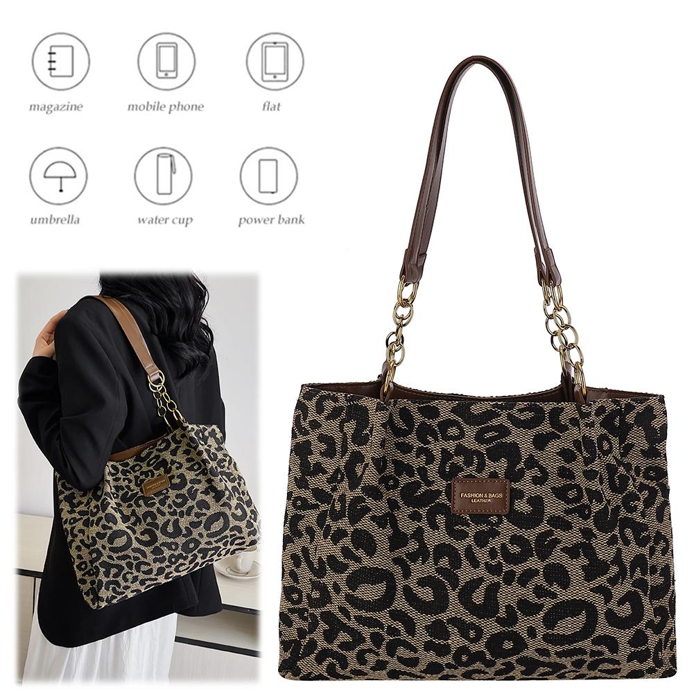 Leopard Print Canvas Shoulder Bag Women Tote Bag Multi-Pockets Handbag with Zipper Underarm Bag for Work Shopping