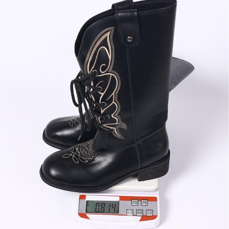 Autumn New Retro High Tube Lace-up Western Cowboy Boots Women's Foreign Trade Versatile Thick Heel Strap Embroidered Knight Boots