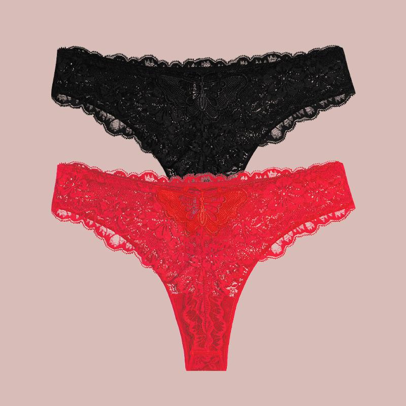 2Pcs Lace Butterfly Print Women's Underwear Sexy Hollow Out Thongs Trendy Breathable Panties Lady Perspective G-String Lingerie