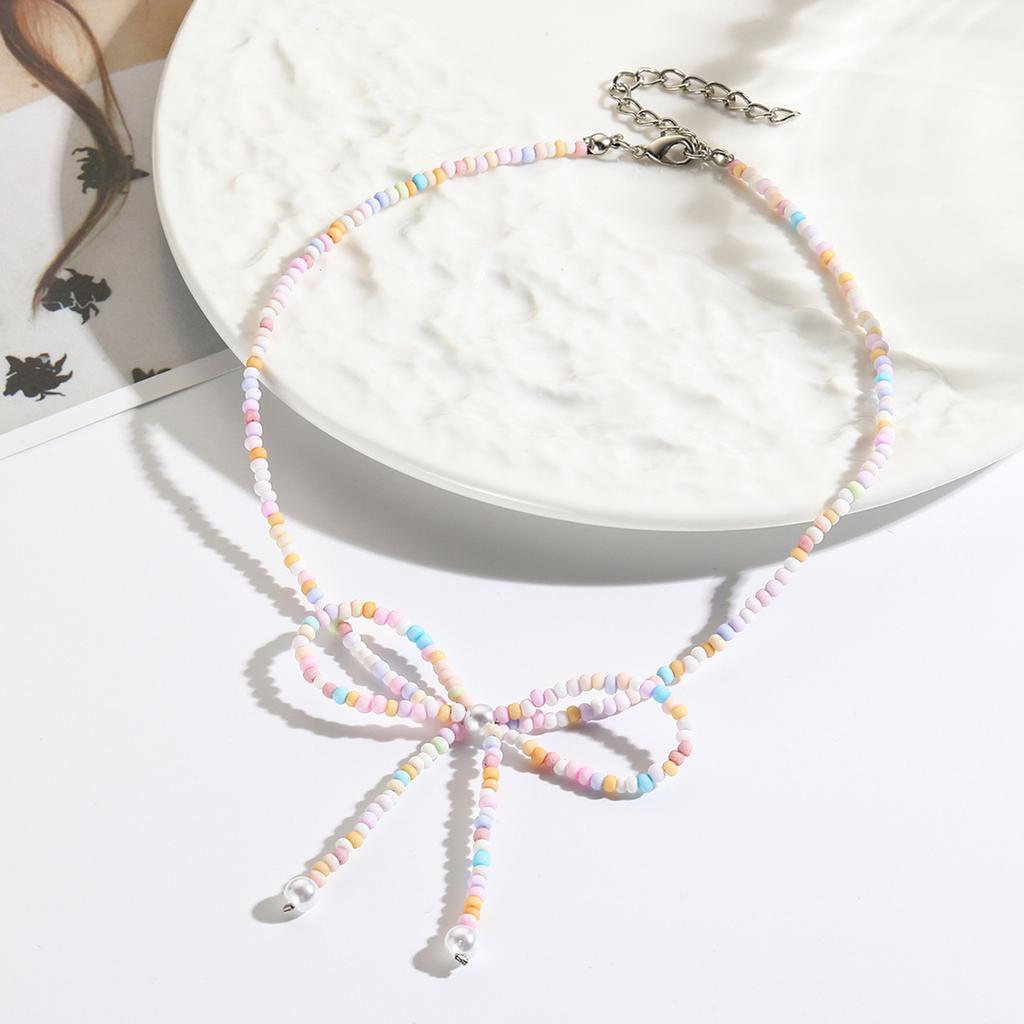 Delicate Bowknot Clavicle Chain Acrylic Beaded Butterfly Bow Collar Necklace Jewelry Clavicle Chain for Women Girls
