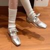 Fashion Elegant Women Bowknot Square Toe Pumps Comfortable Low Heels Sweet Ladies Shoes Cow Split Leather Shallow Shoes Slip On Loafers
