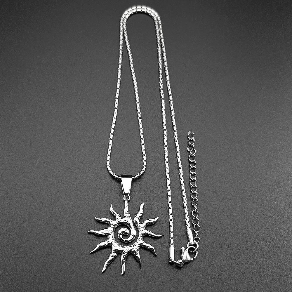 Spiral Sun Pendant Necklace For Women Men Stainless Steel Silver Color Daily Wear Boho Vintage Chic Neck Chain Gift Jewelry