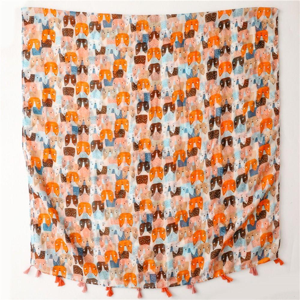 Bohemian Cat Pattern Tassel Scarf Long Animal Print Scarves Elegant Ethnic Style Wrap Female