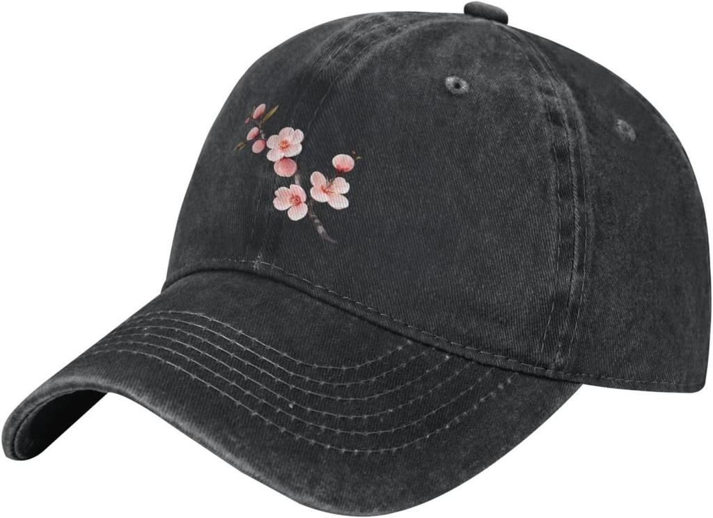 Black Beautiful Peach Blossom Branches Printed Washed Cowboy Baseball Cap for Adults Stylish and Breathable Hat
