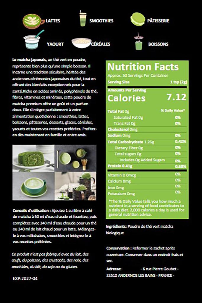 Thé Matcha BIO Prémium Japonais 100 Gr en poudre, Thé Vert,  Qualité Premium