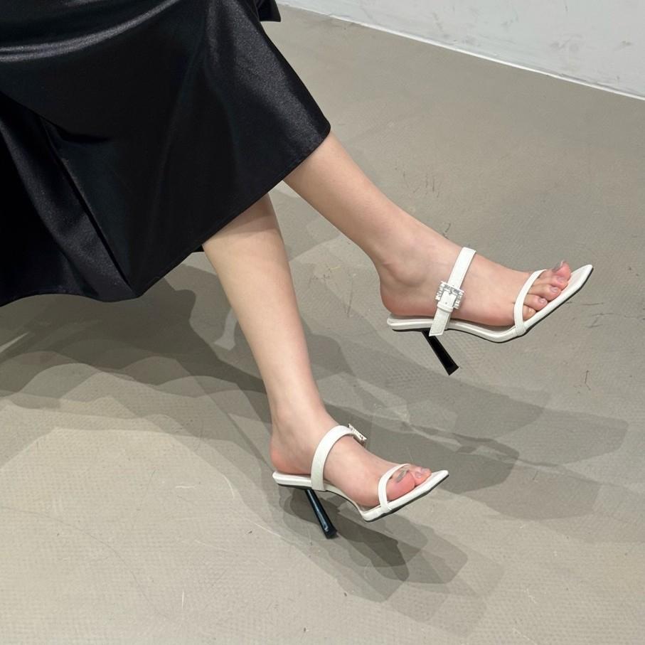 Rhinestone one-word buckle with high heels and cool slippers for women's summer wear 2025 new open-toed square head temperament stiletto sandals