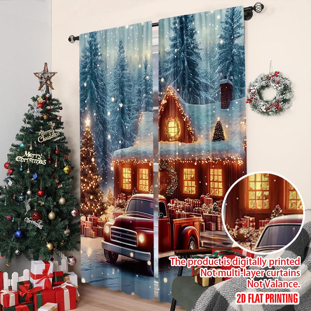 2pcs 2D Flat Printing Merry Christmas Scene Curtains Christmas Winter Lodge Versatile 100% Polyester Without Electricity Spring