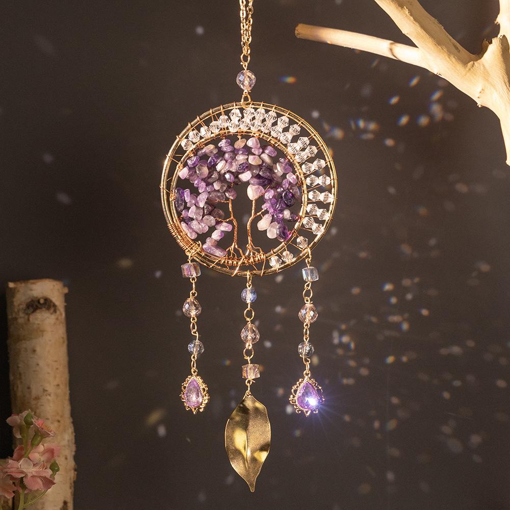 Hand-Woven Wind Chimes Life Tree Dream Crystal Wind Chime Crystal Stone Room Decoration Engraving Christmas