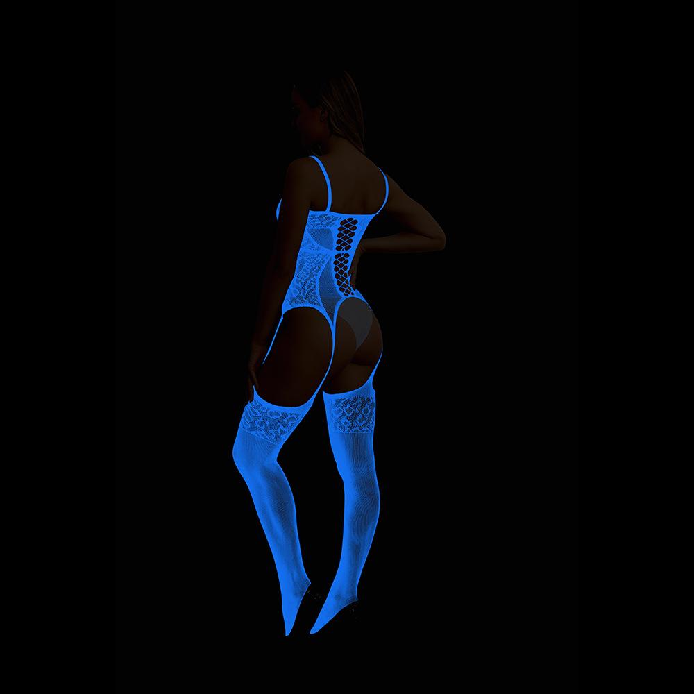 Sex underwear blue light sexy suspenders net socks luminous light non-slip temptation one-piece stockings y