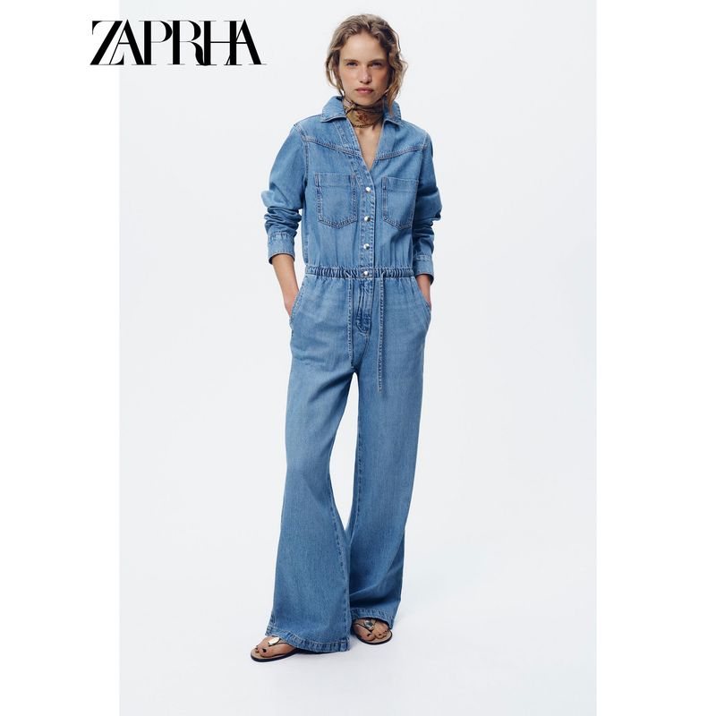 Zaprha 2025 Summer New Long Sleeve Lapel Pocket Wide Leg Adjustable Waist Denim Jumpsuit 0108022