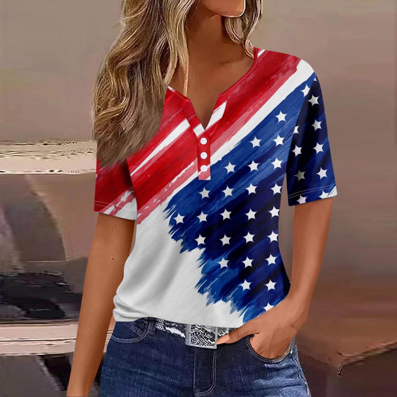

Жен. Футболка Футболка День независимости С принтом Пуговицы С короткими рукавами Повседневные Выходные Мода Классический Классический V-образный вырез Обычный Топ L
