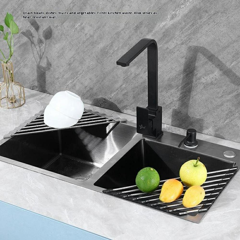 Foldable Stainless Steel Dish Drying Rack Sink Roll-Up Drainer Mat Multi-Function Kitchen Draining Basket
