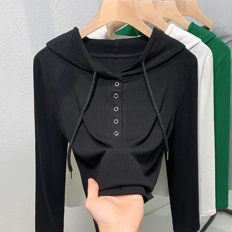 T-shirt Grigia con Cappuccio a Maniche Lunghe da Donna Nuova Slim-fit Maglia di Base Autunno e Inverno Giacca Versatile Top Casual Sottile