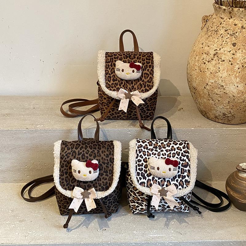 Fashion Leopard Print Boys And Girls Backpack Cute Bow Baby Small Schoolbag Plush Cat Children'S Backpack