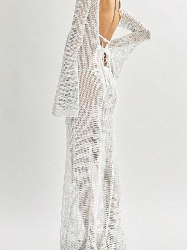 Women's Crochet Long Sleeve Backless Mesh Knit Swimsuit Cover Up Beach Maxi Dress