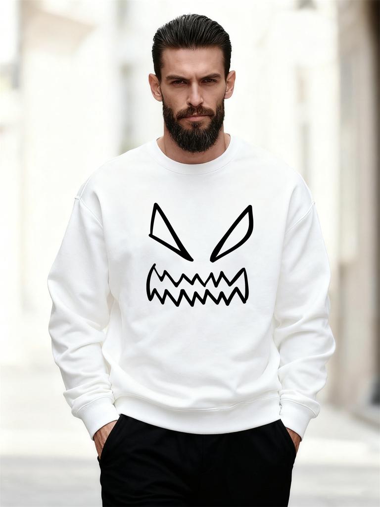 Men'S Casual Round-Neck Sweatshirt with a Minimalist Monster Face Design