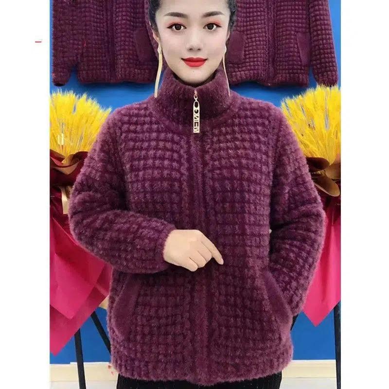 

Пальто из бархата с имитацией норки для мам, осень-зима, толстое двустороннее кашемировое пальто для женщин среднего возраста, вязаный кардиган, куртка-свитер XXXXL