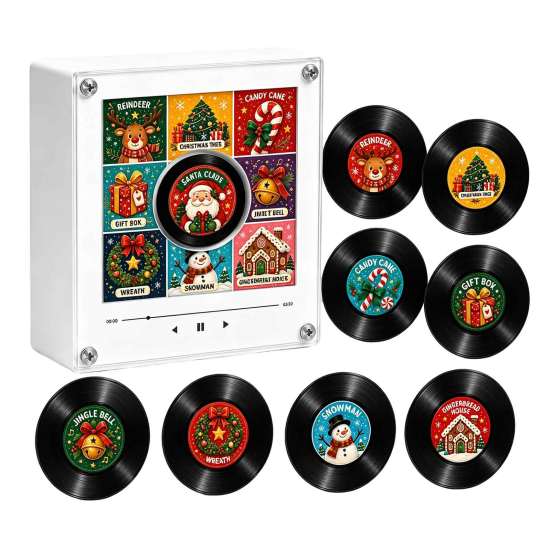 Programmable Music Box Vinyl Record Player Fridge Magnet for Christmas, with 9 Records, Decorative 256MB Memory, LED Light-Up Personalized NFC