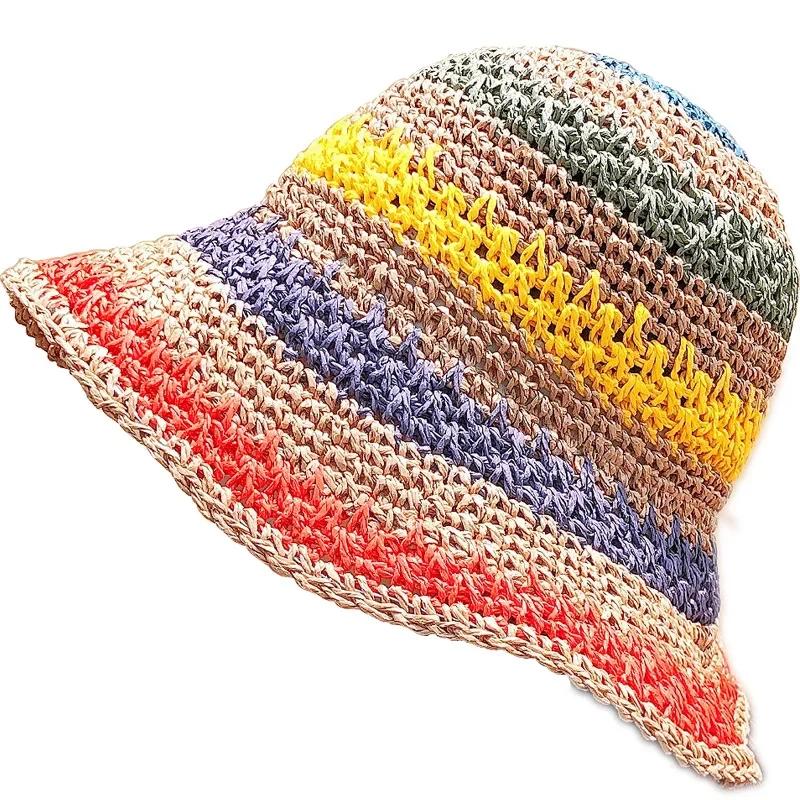 Rainbow Straw Hat For Women: Summer Sun Visor, Handmade Crochet Big Brim Bucket Hat, Boho Fashion Beach Sun Hat