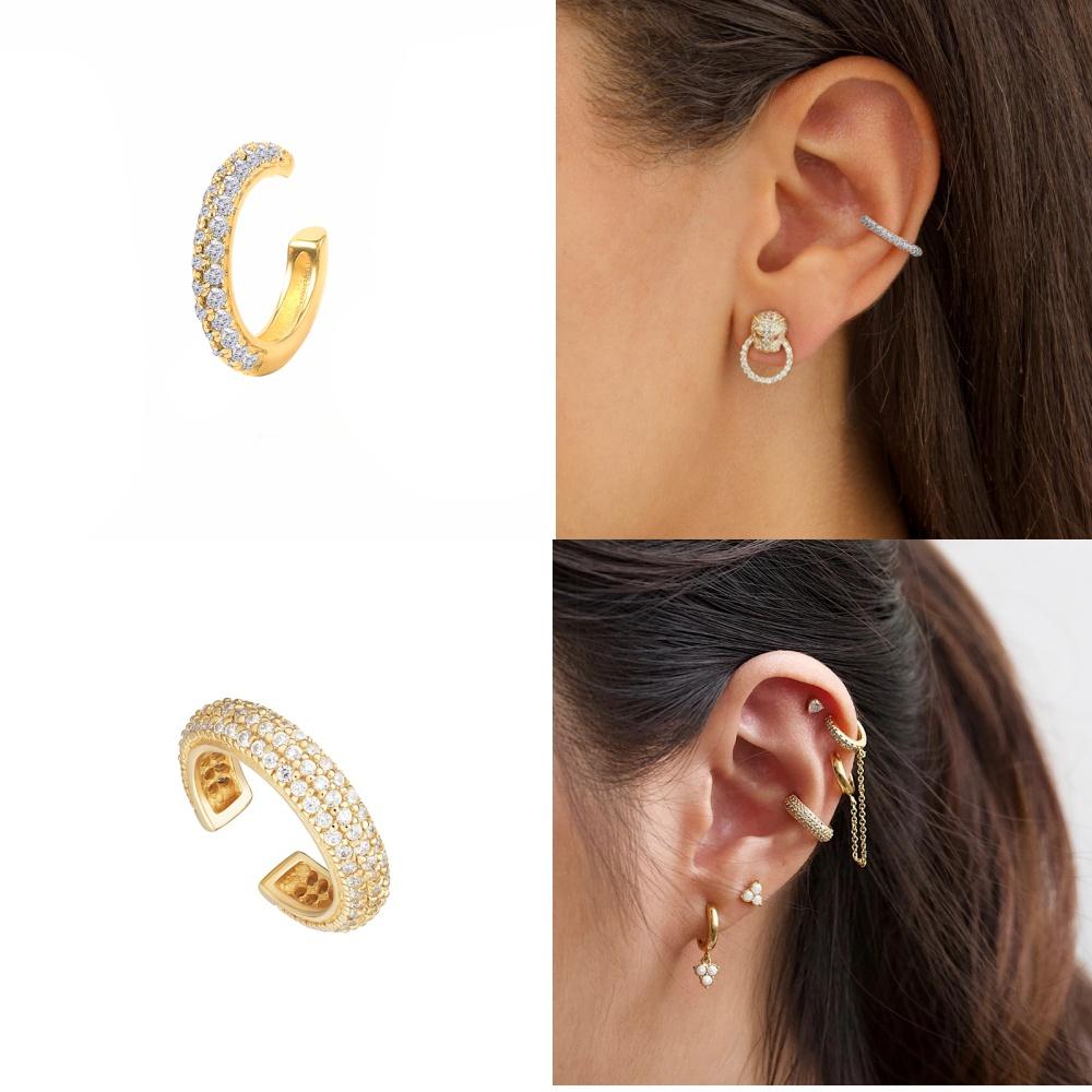 ROXI Luxury Three Rows Zircon Stone C Shape Ear Cuff No Piercing Earrings for Women Girls Boho 925 Silver Clip Earring